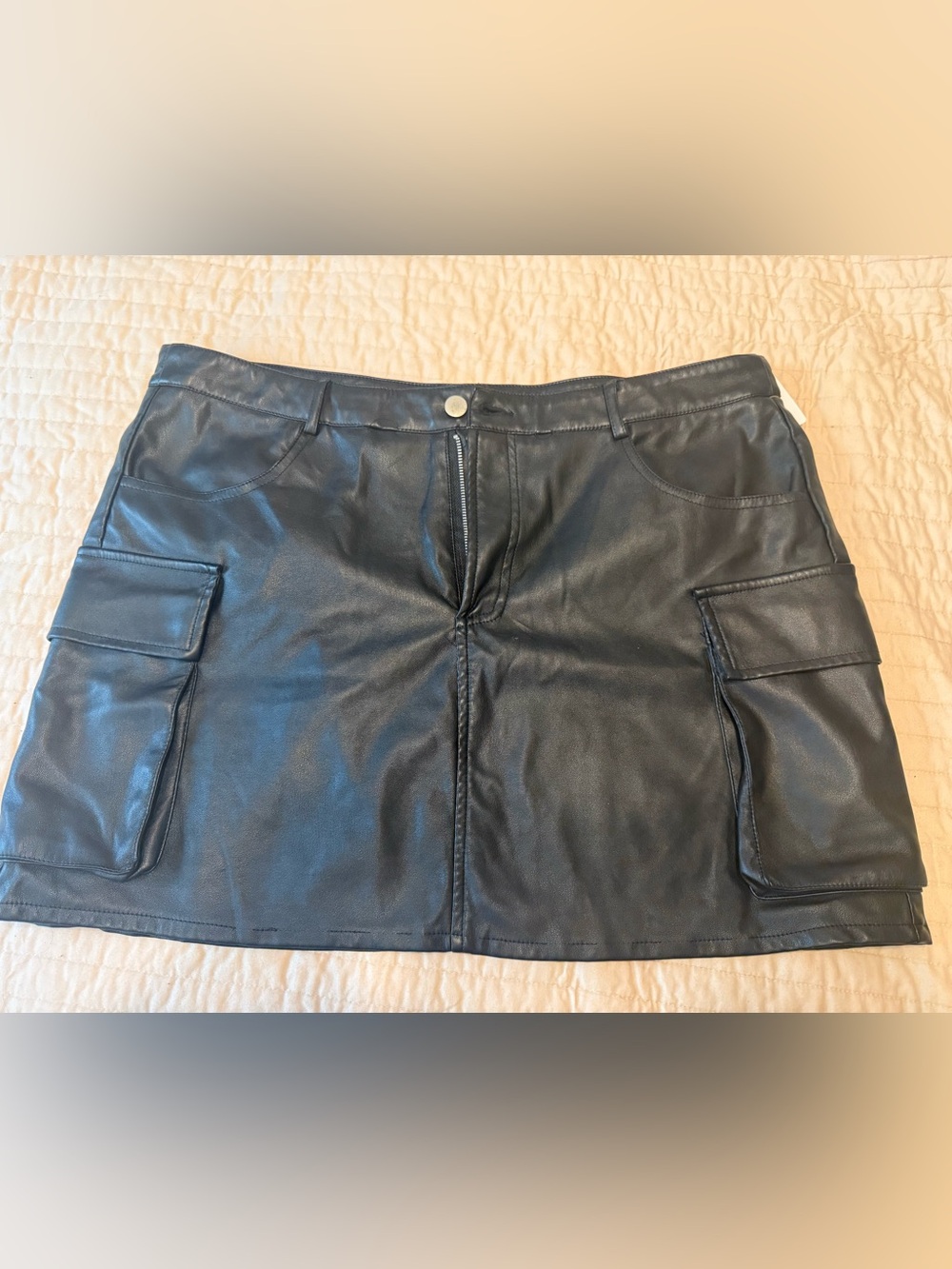 Women's Black Faux Leather skirt with Cargo Pockets